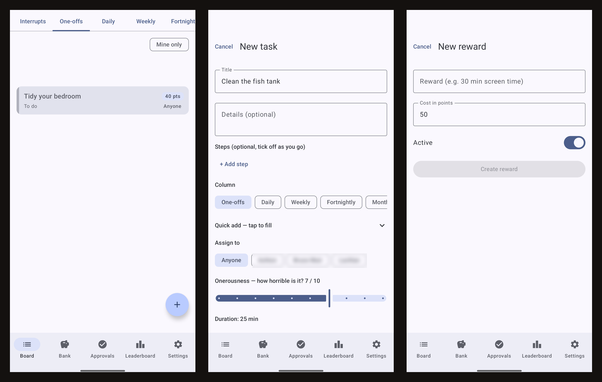 The ADHDTasker app — the board, the task editor and a new reward