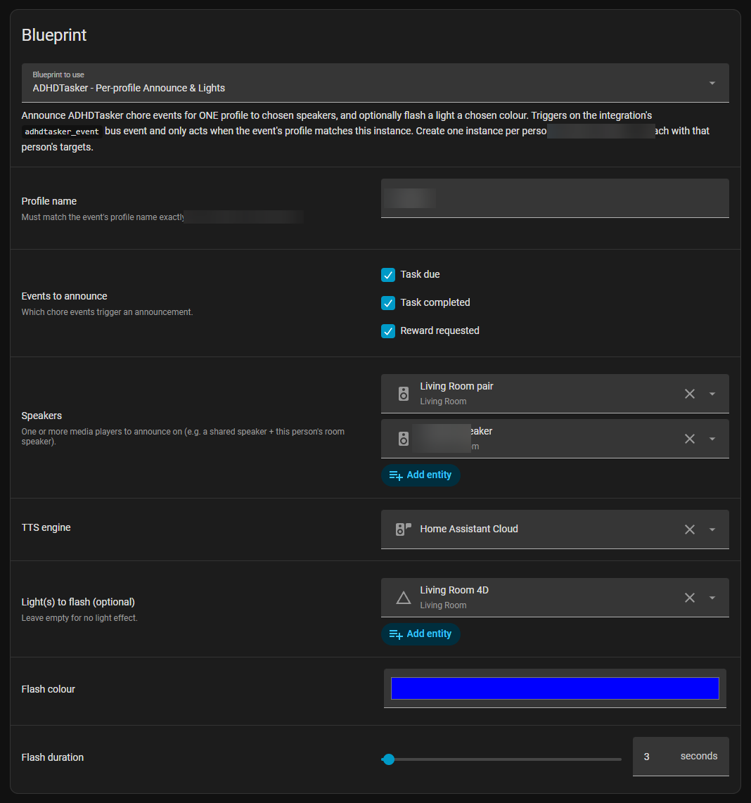 ADHDTasker announce blueprint configuration in Home Assistant