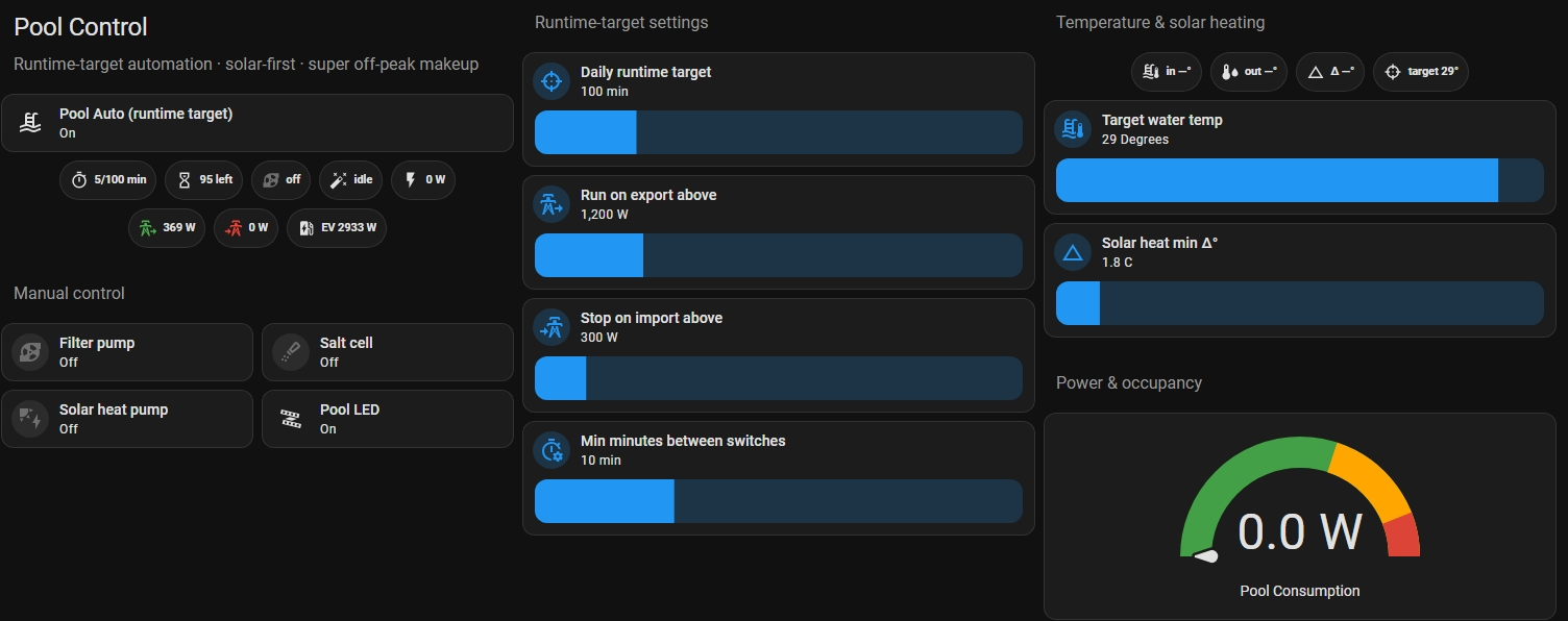 The Pool Control dashboard in Home Assistant
